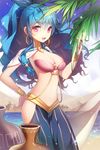  :d bad_id bad_pixiv_id blue_hair bow bracelet breasts cleavage dancer desert earrings hair_ribbon hand_on_hip jewelry jug large_breasts linus_falco long_hair midriff navel necklace o-ring o-ring_top open_mouth palm_tree ponytail pyramid red_eyes ribbon shiny shiny_skin smile solo sword_girls tree unyo_(ruripin) veil very_long_hair water wavy_hair 
