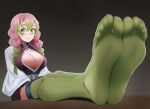  1girl absurdres braid breasts closed_mouth commission demon_slayer_uniform eyelashes feet feet_on_table foot_focus foreshortening full_body gradient_hair green_eyes green_hair green_thighhighs grey_background hair_between_eyes hair_over_shoulder haori highres japanese_clothes kanroji_mitsuri kimetsu_no_yaiba large_breasts legs long_sleeves looking_at_viewer multicolored_hair no_shoes partially_unbuttoned pink_hair pleated_skirt ribbed_thighhighs sitting skirt smile soles solo tabi thighhighs toes tsa twin_braids two-tone_hair 