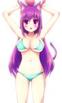  animal_ears aqua_bikini armpits bad_id bad_pixiv_id ball beachball bikini blush borrowed_character breasts cat_ears cleavage heart heart_tattoo highres large_breasts long_hair looking_at_viewer morita_(moritania) navel open_mouth original purple_eyes purple_hair simple_background solo swimsuit tattoo white_background 