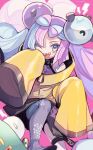  1girl amezawa_koma bare_shoulders bellibolt bike_shorts blue_hair bolt bow-shaped_hair character_hair_ornament grey_pantyhose hair_ornament highres iono_(pokemon) jacket long_hair long_sleeves multicolored_hair one_eye_closed oversized_clothes pantyhose pink_background pink_hair pokemon pokemon_sv print_pantyhose sharp_teeth sleeves_past_fingers sleeves_past_wrists split-color_hair teeth two-tone_hair yellow_jacket 
