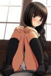  1girl absurdres ass black_eyes black_hair black_jacket black_skirt black_socks blush closed_mouth highres indoors jacket knees_up looking_at_viewer matsunaga_kouyou on_floor original panties school_uniform short_hair sitting skirt socks solo thighs underwear white_panties window 