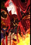  1girl black_bodysuit blood blood_from_mouth blood_on_arm bodysuit cape chain collared_cape crazy_smile family_crest fate/grand_order fate_(series) fire hair_over_one_eye highres medallion oda_nobunaga_(fate) oda_nobunaga_(maou_avenger)_(fate) oda_uri pirohi_(pirohi214) popped_collar red_cape red_eyes red_hair red_theme smile solo tight_top 