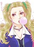  ayase_yuka bandaid bandaid_on_neck blonde_hair brown_eyes bubble_blowing chewing_gum earrings freckles jewelry long_hair necklace necktie persona persona_1 school_uniform scrunchie solo twintails twitter_username upper_body wakky_(rari-cat) 