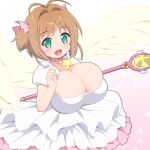 1girl breast_expansion breast_focus breasts cardcaptor_sakura cleavage dress green_eyes hair_ribbon highres holding holding_weapon huge_breasts kinomoto_sakura light_brown_hair petals pink_background pink_ribbon puffy_dress puffy_short_sleeves puffy_sleeves ribbon rose_petals shirogane_hakuba short_hair short_sleeves short_twintails solo star_(symbol) star_rod twintails weapon white_dress 