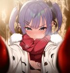  1girl alternate_costume black_bra blue_eyes blue_hair blunt_bangs blurry blurry_background blush bra breasts christmas_lights coat duffel_coat fur-trimmed_coat fur-trimmed_hood fur-trimmed_scarf fur_trim gloves hair_between_eyes hair_ribbon highres hololive hood hoshimachi_suisei jewelry lingerie looking_at_viewer meme mittens open_clothes open_coat open_mouth pov pov_cheek_warming_(meme) reaching reaching_towards_viewer red_gloves red_mittens red_scarf ribbon scarf short_twintails sidelocks skirt snow snowing solo star_(symbol) star_in_eye symbol_in_eye twintails underboob underwear virtual_youtuber white_coat winter_clothes winter_coat winter_gloves yozora_(1wkdgusdn) 