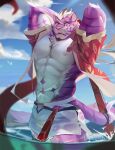 abs anthro bottomwear clothed clothing cloud facial_hair facial_piercing felid fur hair hands_behind_head hi_res jockstrap male mammal navel ninety_xc nipples nose_piercing orange_eyes outside partially_clothed partially_submerged pecs piercing pink_nipples pink_nose purple_body purple_fur purple_tail red_clothing red_shirt red_tentacles red_topwear shirt sky solo standing_in_water tail tentacles topwear tuft underwear water white_body white_bottomwear white_clothing white_fur white_hair white_jockstrap white_underwear