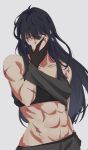  abs black_hair black_tank_top bra earrings hand_on_own_face hand_under_clothes hand_under_shirt highres jewelry kelp_454 long_hair military_vehicle motor_vehicle multiple_scars muscular muscular_female path_to_nowhere rahu_(path_to_nowhere) scar scar_across_eye scar_on_arm scar_on_hip scar_on_shoulder shirt tank tank_top underwear 