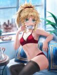  1girl bare_shoulders black_thighhighs blonde_hair bra braid breasts collarbone cup drinking fate/apocrypha fate_(series) french_braid green_eyes highres lace_trim long_hair looking_at_viewer midriff mordred_(fate) mordred_(fate/apocrypha) navel panties parted_bangs ponytail rain red_bra red_panties sidelocks small_breasts solo teacup thighhighs tonee underwear underwear_only 