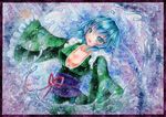  bad_id bad_pixiv_id blue_eyes blue_hair bow breasts cleavage collarbone gradient_eyes green_eyes head_fins japanese_clothes kimono large_breasts looking_at_viewer mermaid monster_girl multicolored multicolored_eyes obi open_mouth qqqrinkappp sash solo splashing touhou traditional_media upper_body wakasagihime water watercolor_(medium) wide_sleeves 