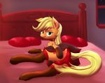  applejack_(mlp) bed bedroom blonde_hair blush butt cutie_mark ear_piercing earth_pony equine female feral freckles friendship_is_magic fur gloves green_eyes hair horse inside legwear looking_at_viewer lying mammal my_little_pony on_bed on_side orange_fur piercing pillow pony smile smokedpone solo stockings 