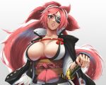  1girl baiken big_hair breasts collared_jacket eyepatch facial_tattoo gradient_background guilty_gear guilty_gear_xrd hand_on_hilt highres jacket japanese_clothes kataginu katana kimono large_breasts long_hair multicolored_clothes multicolored_kimono one-eyed one_eye_closed open_clothes open_kimono pink_eyes pink_hair ponytail sash scar scar_across_eye scar_on_face simple_background solo sword tama_(tamakaka1031) tattoo teeth upper_body very_long_hair weapon 