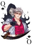  1boy akagi:_yami_ni_oritatta_tensai blood blood_on_weapon clenched_teeth collared_shirt commentary_request cropped_torso death_(entity) fukumoto_mahjong grey_hair grim_reaper hair_slicked_back highres hirayama_yukio holding_mahjong_tile jacket mahjong mahjong_tile nervous_sweating open_clothes open_jacket queen_(playing_card) queen_of_spades red_eyes red_shirt scythe shirt short_hair simple_background spade_(shape) ssom_omo striped striped_jacket sunglasses sweat teeth upper_body vertical-striped_jacket vertical_stripes weapon white_background white_jacket 