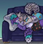 &lt;3 absurd_res anthro black_nose blue_eyes blue_hair blush bottomwear canid canine canis chubby_male clothing crop_top cuddling duo eyes_closed female female_on_top fox fur furniture grey_body grey_fur hair hand_grab hand_lick hand_on_stomach hi_res inside male male/female mammal mox_(antillion123) neck_tuft nibbling on_top pajamas purple_body purple_fur rayne_(antillion123) shirt shorts slightly_chubby sofa tail takame topwear tuft wolf