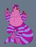 2023 alice_in_wonderland anthro balls belly bravo cheshire_cat domestic_cat eyewear felid feline felis genitals glasses hi_res humanoid_hands male mammal moobs navel overweight overweight_male penis pink_body purple_body red_nose simple_background solo