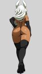  1girl absurdres animal_ears ass backboob bare_shoulders black_footwear black_gloves black_slingshot_swimsuit boku_no_hero_academia boots breasts dark-skinned_female dark_skin elbow_gloves facing_away from_behind full_body gloves hair_over_shoulder hand_on_own_hip high_heel_boots high_heels highres large_breasts lixiart long_hair median_furrow mirko rabbit_ears rabbit_girl solo thigh_boots thigh_gap thighs toned very_long_hair wedgie white_hair 