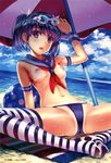  absurdres bikini_bottom bikini_tan blue_hair blue_sailor_collar blush breasts cover detexted feet goggles goggles_on_head hair_ribbon highres legs long_hair looking_at_viewer magazine_cover misaki_kurehito multicolored_hair nanami_nagi navel nipples open_mouth original panties purple_eyes purple_hair ribbon sailor_collar scan sitting small_breasts solo spread_legs striped striped_legwear swimsuit tan tanline thighhighs third-party_edit toes topless twintails two-tone_hair underwear wet wrist_cuffs 