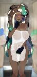  1girl 2boys bare_shoulders black_gloves blush breasts brown_hair cleavage closed_eyes dark-skinned_female dark_skin fingerless_gloves gloves gradient_hair green_hair highres kashu_(hizake) large_breasts long_hair marina_(splatoon) mole mole_under_eye multicolored_hair multiple_boys naked_towel open_mouth smile solo_focus splatoon_(series) splatoon_2 steam suction_cups tentacle_hair textless_version thighs towel 