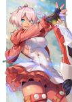  1girl ahoge bike_shorts bike_shorts_under_skirt black_shorts blue_eyes bracelet breasts collar elphelt_valentine gloves guilty_gear guilty_gear_strive hairband hinoru_saikusa jacket jewelry large_breasts looking_at_viewer open_mouth pink_hairband pink_jacket short_hair shorts shorts_under_skirt sideboob smile solo spiked_bracelet spiked_collar spiked_hairband spikes white_hair 