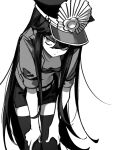  1girl alternate_costume expressionless family_crest fate/grand_order fate_(series) greyscale hands_on_own_knees hat highres long_hair military_hat monochrome oda_nobunaga_(fate) oda_uri peaked_cap sempon_(doppio_note) simple_background skirt solo thighhighs very_long_hair white_background zettai_ryouiki 