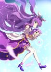  2girls :d bare_shoulders blue_background blue_eyes closed_mouth commentary_request cure_majesty dress dual_persona ellee-chan floating_hair heart high_heels highres hirogaru_sky!_precure long_hair multiple_girls pleated_dress precure purple_dress purple_footwear purple_hair shoes smile thighhighs tsuyukina_fuzuki two_side_up very_long_hair white_thighhighs 