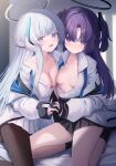  2girls black_gloves black_halo black_pantyhose blue_archive breasts cleavage closed_mouth commentary_request gloves halo highres holding_hands interlocked_fingers long_hair long_sleeves looking_at_viewer mechanical_halo medium_breasts multiple_girls noa_(blue_archive) open_mouth pantyhose purple_eyes purple_hair shirt sitting takashima_shoa thighs white_hair white_halo white_shirt yuuka_(blue_archive) 