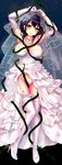  armpits arms_behind_back black_hair blush breasts bridal_gauntlets dress elbow_gloves frills garter_straps gloves haguro_(kantai_collection) highres jewelry kantai_collection kishimen lace large_breasts long_hair looking_at_viewer necklace no_panties open_mouth plant pussy solo strapless strapless_dress thighhighs tiara veil vines wedding_dress white_gloves white_legwear yellow_eyes 