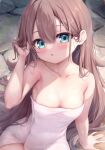 1girl adjusting_hair arata_(xin) arm_support blue_eyes blush breasts brown_hair collarbone commentary_request highres long_hair looking_at_viewer melonbooks naked_towel original parted_lips sitting small_breasts solo towel very_long_hair 