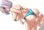  1girl alternate_costume ass back bare_shoulders bikini blue_bikini blue_eyes blush breasts closed_mouth commentary_request dutch_angle from_behind grey_hair hair_ornament hair_over_one_eye hairclip halterneck hamakaze_(kancolle) highres kantai_collection kneeling large_breasts light_blush looking_at_viewer looking_back micro_bikini short_hair shoulder_blades side-tie_bikini_bottom sideboob simple_background skindentation soles solo string_bikini swimsuit tiptoes white_background yoshi_tama 