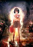 black_hair brick_wall commentary_request fire gasoline heterochromia highres jerry_can lighter looking_at_viewer original red_eyes red_sclera school_uniform short_hair solo tank_(container) tunnel 