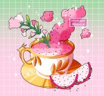  absurdres commentary cup dragon dragon_fruit dragon_fruit_slice english_commentary english_text flower food_focus gradient_background green_background grid_background highres megan_koch no_humans original pink_background pink_flower saucer seed smoke sparkle tea teacup watermark white_flower 