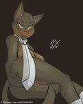  bedroom_eyes breasts brown_fur convenient_censorship covering covering_self ear_piercing feline female fur hand_between_legs lapinstein looking_at_viewer lying mammal necktie nude on_side piercing socks solo suggestive yellow_eyes 