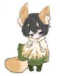  1boy animal_ear_fluff animal_ears black_eyes black_hair blush chibi coat drawstring e.g.o_(project_moon) fox_ears fox_tail hood hood_down hooded_coat limbus_company open_mouth project_moon simple_background smile solo tail uchimura_(rino0525) white_background white_coat yi_sang_(project_moon) 