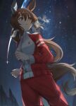  1girl admire_vega_(umamusume) animal_ears brown_hair closed_mouth commentary_request cowboy_shot ear_covers hair_between_eyes highres horse_ears horse_girl horse_tail jacket long_hair long_sleeves night night_sky outdoors pants ponytail purple_eyes red_jacket red_pants running shooting_star siena_(moratoriummaga) single_ear_cover sky solo star_(sky) starry_sky tail tracen_training_uniform track_jacket track_pants umamusume visible_air 