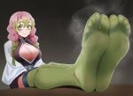  1girl absurdres braid breasts closed_mouth commission demon_slayer_uniform eyelashes feet feet_on_table foot_focus foreshortening full_body gradient_hair green_eyes green_hair green_thighhighs grey_background hair_between_eyes hair_over_shoulder haori highres japanese_clothes kanroji_mitsuri kimetsu_no_yaiba large_breasts legs long_sleeves looking_at_viewer multicolored_hair no_shoes partially_unbuttoned pink_hair pleated_skirt ribbed_thighhighs sitting skirt smell smile soles solo steaming_body tabi thighhighs toes tsa twin_braids two-tone_hair 