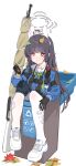  1girl absurdres ahoge autumn_leaves binoculars black_gloves blue_archive blue_serafuku blush closed_mouth commentary_request gloves green_neckerchief grey_halo gubbi_on gun halo highres korean_commentary long_hair long_sleeves looking_at_viewer miyu_(blue_archive) neckerchief red_eyes sailor_collar school_uniform serafuku shoes simple_background sitting solo weapon white_background white_footwear white_sailor_collar 