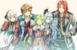  2boys 3girls ahoge animal_ears ao_no_kiseki aqua_necktie belt black_coat black_hairband black_shirt black_skirt blue_coat blue_hair brown_hair brown_pants closed_eyes coat collared_shirt dog_tags eiyuu_densetsu elie_macdowell facing_viewer fake_animal_ears green_eyes green_hair grey_coat grey_shirt grin hairband hajimari_no_kiseki hood hooded_coat hwhh kea_(eiyuu_densetsu) lloyd_bannings long_hair looking_at_another multicolored_coat multiple_boys multiple_girls necktie open_clothes open_coat pants parted_lips pleated_skirt purple_vest randolph_orlando red_coat red_hair red_shirt sen_no_kiseki sen_no_kiseki_iv shirt short_hair shorts simple_background skirt smile tio_plato twintails two-tone_coat two_side_up vest white_coat white_hair white_shorts yellow_eyes yellow_necktie zero_no_kiseki 