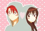  1girl blush_stickers brown_eyes brown_hair heart hood hoodie majin_bone polka_dot polka_dot_background popela red_eyes red_hair ryuujin_shougo shimatani_saho smile 