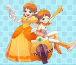  ;d alternate_costume bad_id bad_pixiv_id blue_background blush brown_hair crown dress dual_persona earrings game_console gloves grin ground_vehicle jewelry looking_at_viewer mario_(series) mario_kart motor_vehicle motorcycle multiple_girls one_eye_closed open_mouth orange_dress parted_lips princess_daisy puffy_short_sleeves puffy_sleeves short_sleeves simple_background sitting smile standing steering_wheel super_mario_bros. t_k_g teeth white_gloves wii 