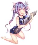  blue_hair blush breasts hair_ribbon holding holding_torpedo i-19_(kantai_collection) kantai_collection kneeling large_breasts long_hair name_tag niizuka_(c-drop) one-piece_swimsuit open_mouth red_eyes ribbon school_swimsuit solo swimsuit torpedo twintails 