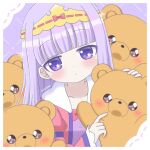  1girl artist_name aurora_sya_lis_kaymin blunt_bangs blush headband long_hair long_sleeves looking_at_viewer maou-jou_de_oyasumi purple_eyes purple_hair siuching solo star_(symbol) star_in_eye symbol_in_eye teddy_demon upper_body yellow_headband 