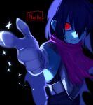  1other armor black_background black_hair blue_skin colored_skin deltarune english_text gloves hair_between_eyes hair_over_one_eye highres kanten_pan kris_(deltarune) looking_at_viewer other_focus parted_lips pointing red_eyes scarf solo sparkle speech_bubble upper_body white_gloves 