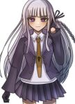  1girl black_gloves black_ribbon braid breasts collared_shirt danganronpa:_trigger_happy_havoc danganronpa_(series) gloves hair_ribbon hand_in_own_hair jacket kirigiri_kyoko long_hair long_sleeves looking_at_viewer mi_(bgdbgj) necktie open_clothes purple_eyes ribbon shirt side_braid skirt smile solo white_shirt 