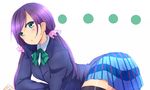  black_legwear blazer crossed_arms from_side green_eyes green_skirt hiyori_(sonoma) jacket long_hair looking_at_viewer love_live! love_live!_school_idol_project lying necktie on_stomach otonokizaka_school_uniform pleated_skirt purple_hair school_uniform skirt solo thighhighs toujou_nozomi twintails 