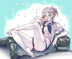  barefoot feet food glowing glowing_eyes green_eyes highres kantai_collection katase_minami legs legwear_removed pale_skin popsicle school_uniform serafuku shinkaisei-kan silver_hair solo sweat ta-class_battleship translated white_skin 