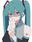  1girl @_@ bentou_(bentou_1) blue_hair collared_shirt commentary_request covering_mouth detached_sleeves hair_ornament hand_up hatsune_miku highres long_hair long_sleeves looking_at_viewer necktie shaded_face shirt sleeveless sleeveless_shirt solo sweat twintails upper_body vocaloid 