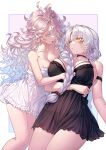  2girls absurdres babydoll black_babydoll blue_eyes braid braided_ponytail breasts collarbone dress highres large_breasts leon_v long_hair looking_at_another multiple_girls open_mouth original parted_bangs see-through see-through_dress single_braid spaghetti_strap white_babydoll white_hair yellow_eyes yuri 