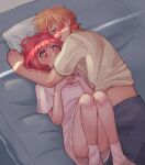  1boy 1girl bed blush closed_eyes commentary cuddling english_commentary flat_chest hetero highres long_shirt lying on_back ootori_emu orange_hair pillow pink_eyes pink_hair pink_shirt project_sekai shirt sleeping socks tenma_tsukasa unaloid white_socks 