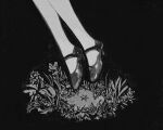  1girl chisato_charme floating footwear_focus grass greyscale high_heels lower_body monochrome original pantyhose plant simple_background solo star_(symbol) 