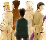  akagi_shigeru bad_id bad_pixiv_id black_hair blonde_hair blood brown_hair cigarette clenched_hand closed_eyes eyebrows formal from_behind grin hands_in_pockets harada_katsumi height_difference igawa_hiroyuki looking_back male_focus multiple_boys parted_lips pinstripe_suit sawada_(ten) scar simple_background smile smoke smoking standing striped suit sunglasses t_k_g ten_(manga) ten_takashi white_background white_hair 