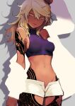  1girl absurdres arm_tattoo blonde_hair breasts dark-skinned_female dark_skin drop_shadow guilty_gear highres jacket leg_tattoo long_hair long_sleeves looking_at_viewer navel negative_space off_shoulder open_fly orange_eyes ramlethal_valentine short_shorts shorts sideboob small_breasts solo sports_bra tattoo yuu_(primenumber7) 